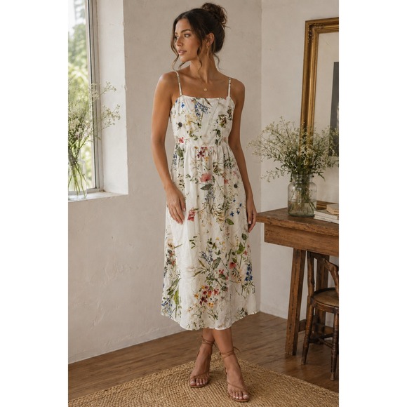 H&M Dresses & Skirts - H&M LinenBlend Floral Midi Dress Medium White Wildflower Smocked Dainty Romantic
